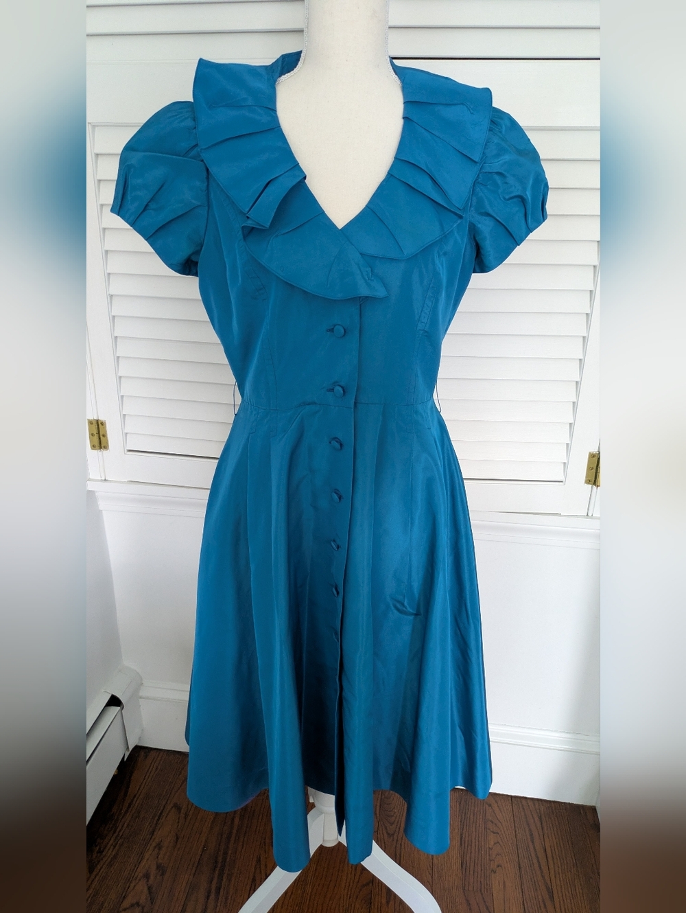 Teri Jon by Rickie Freeman Silk Shirtdress BlueShort Sleeve with Collar